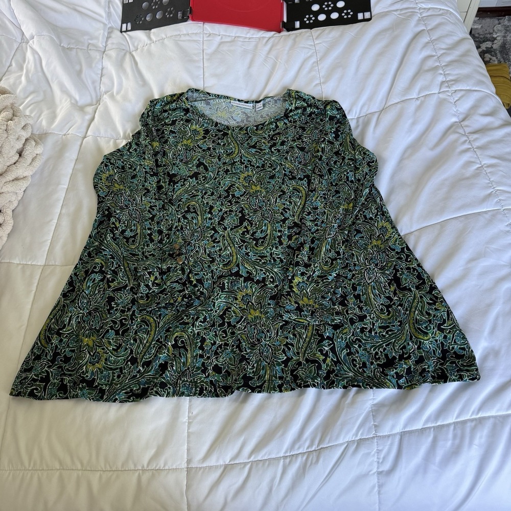 Susan Graver Long Sleeve Printed Liquid Knit Top Green Gold XL - Picture 2 of 9